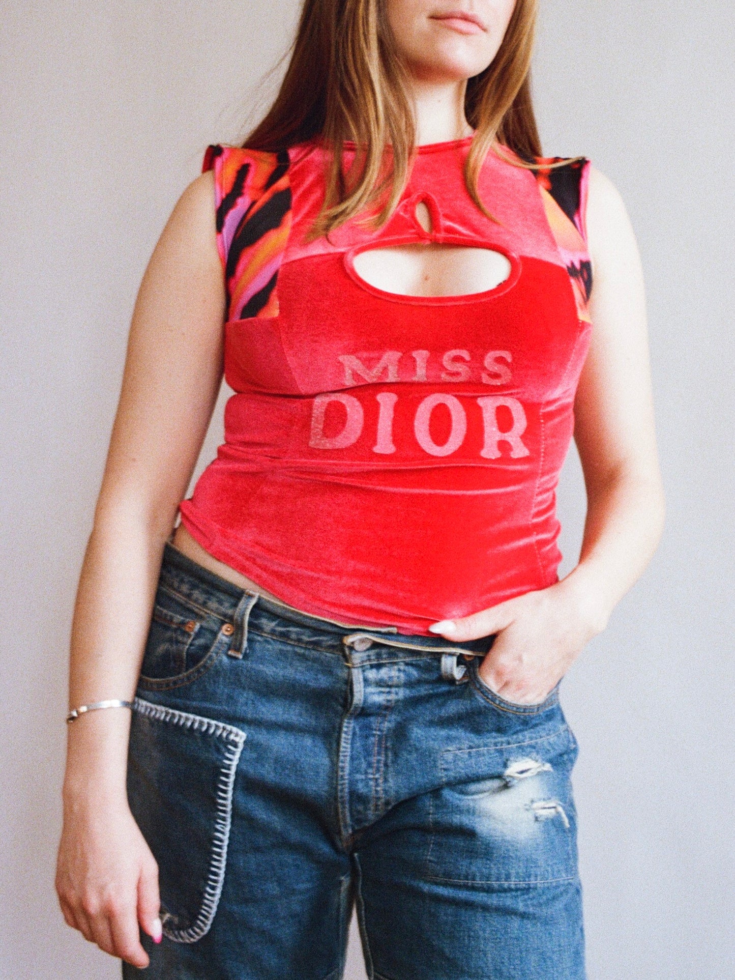 Red Cut-out Velour Top