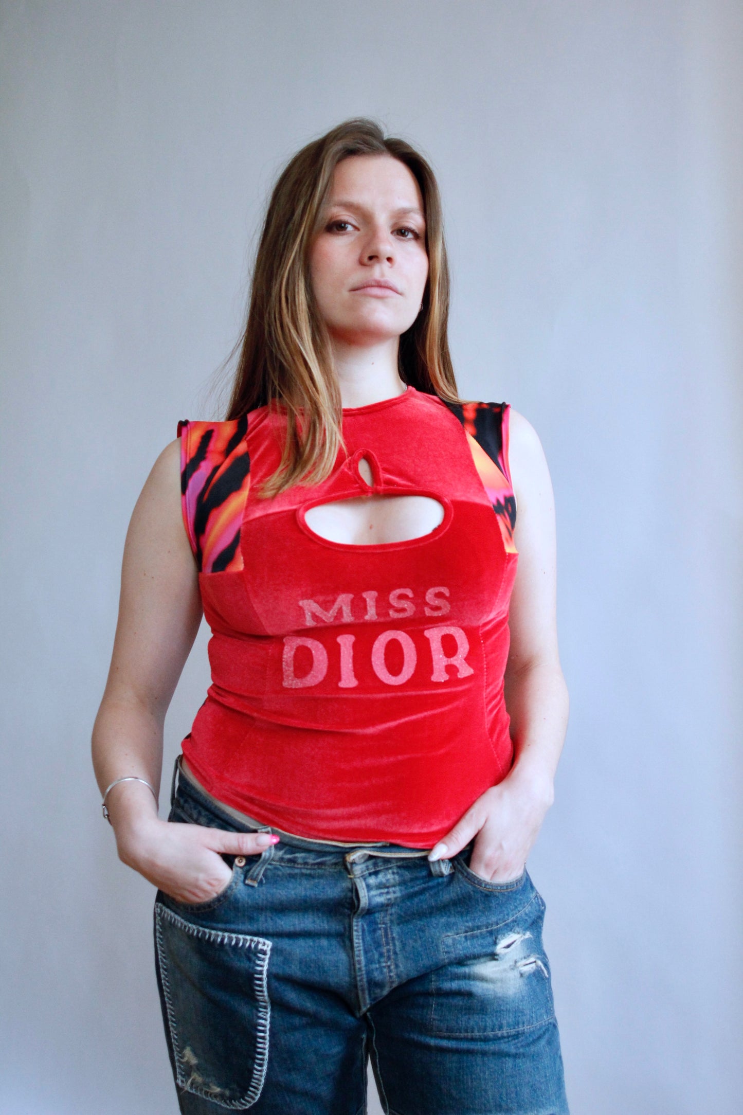 Red Cut-out Velour Top