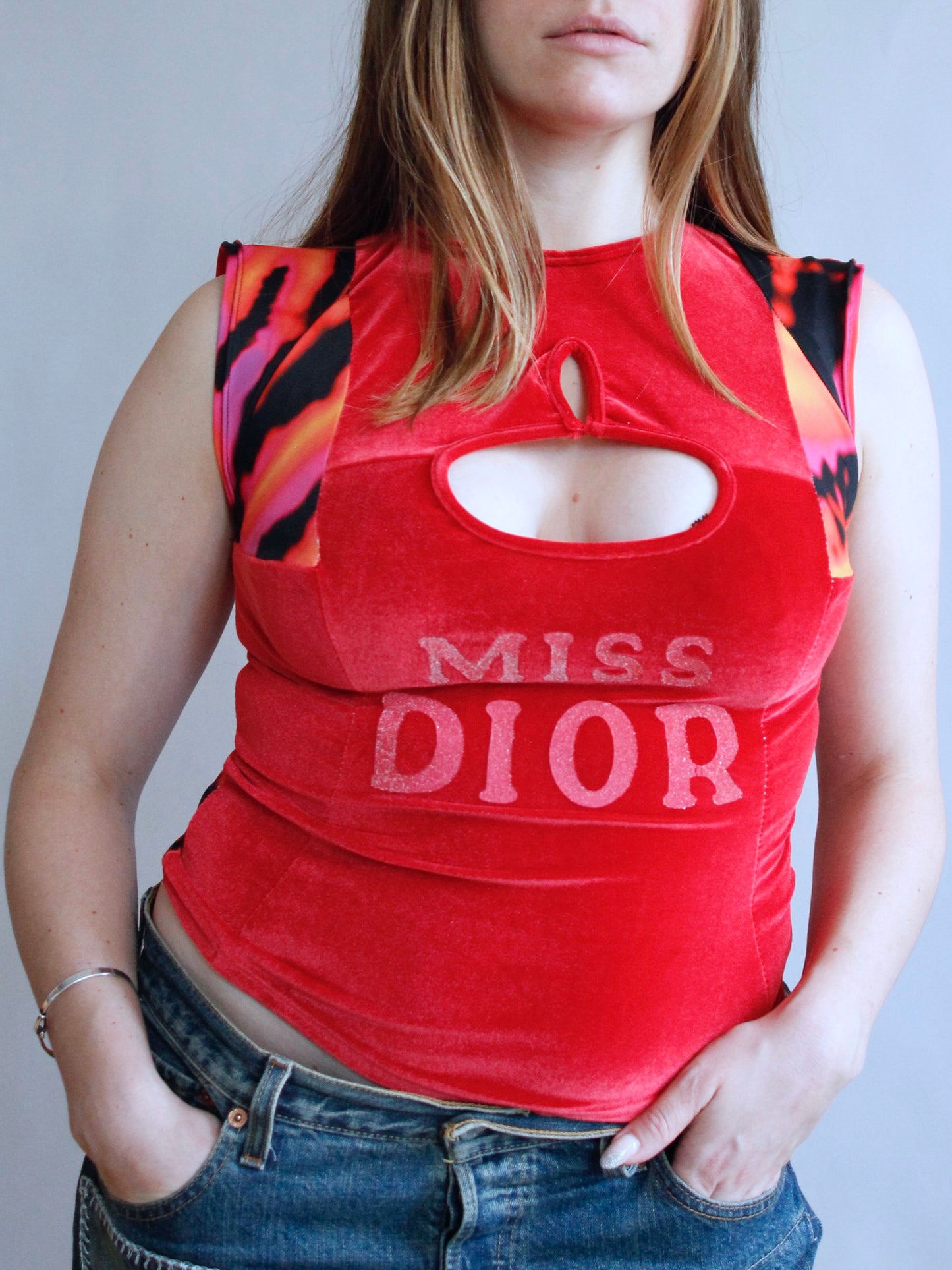 Red Cut-out Velour Top